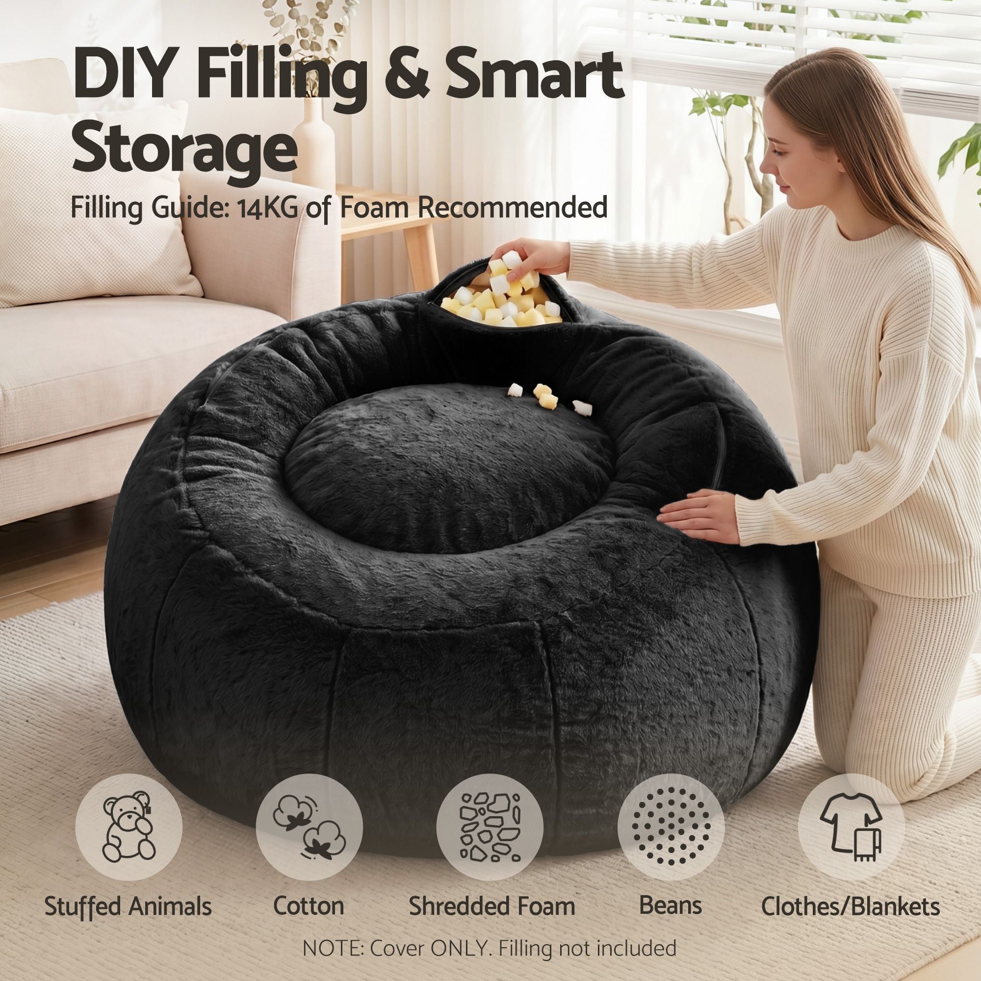 Artiss Bean Bag Chair Cover (No Filler) - Black