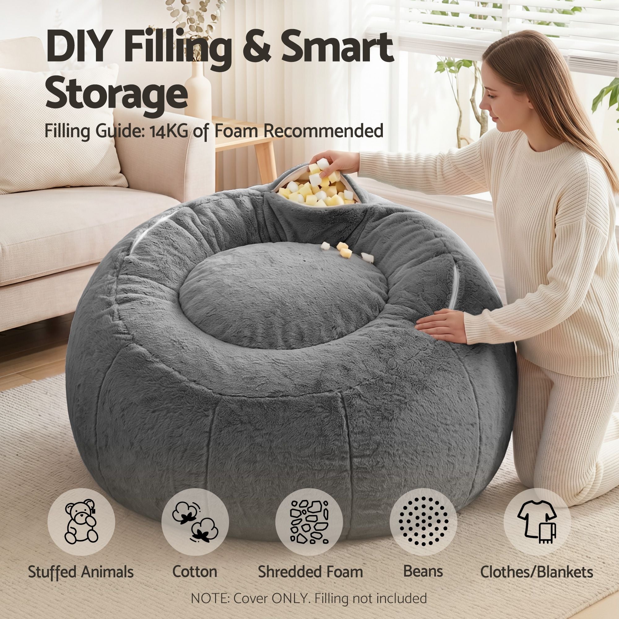 Artiss Bean Bag Chair Cover - Grey