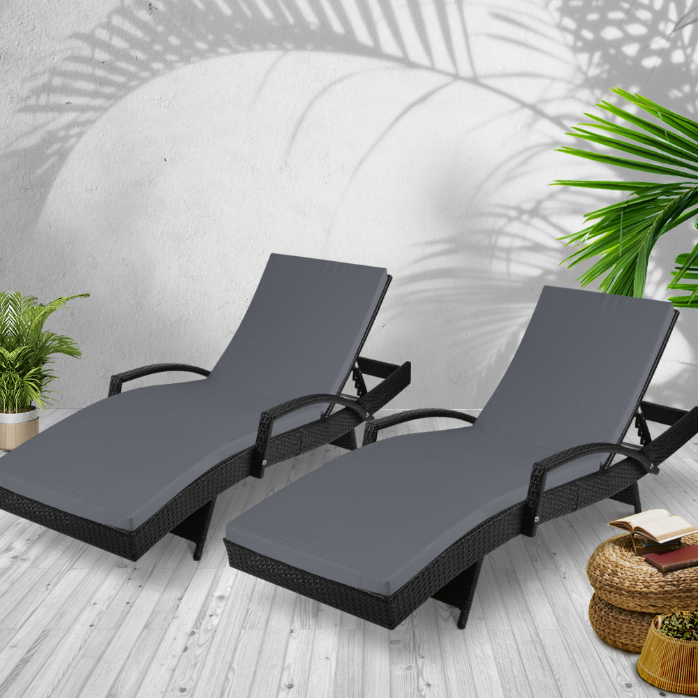 Gardeon 2PC Sun Lounge Wicker Lounger Outdoor Furniture Beach Chair Patio Adjustable Cushion Black