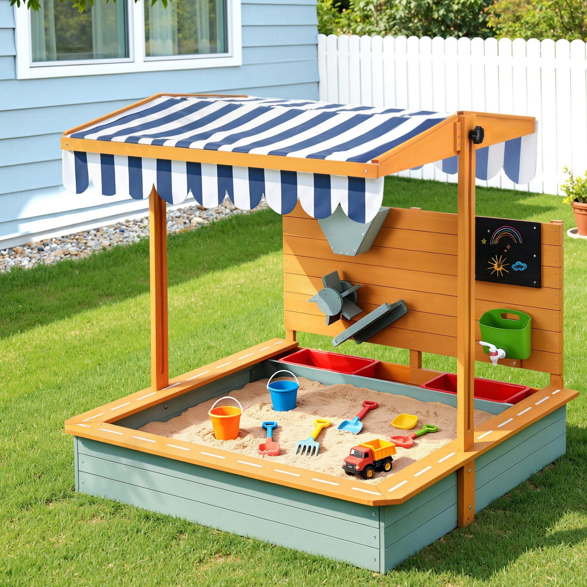 Keezi Kids Sandpit Wooden Canopy Sandbox With Cover Funnel Outdoor Toys 110cm - Green