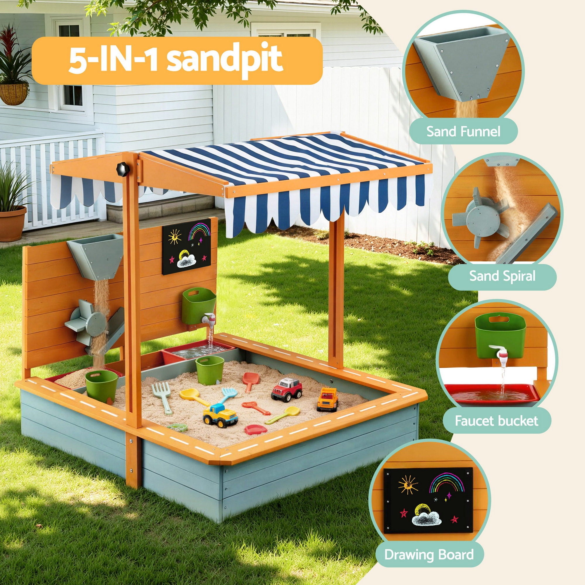 Keezi Kids Sandpit Wooden Canopy Sandbox With Cover Funnel Outdoor Toys 110cm - Green