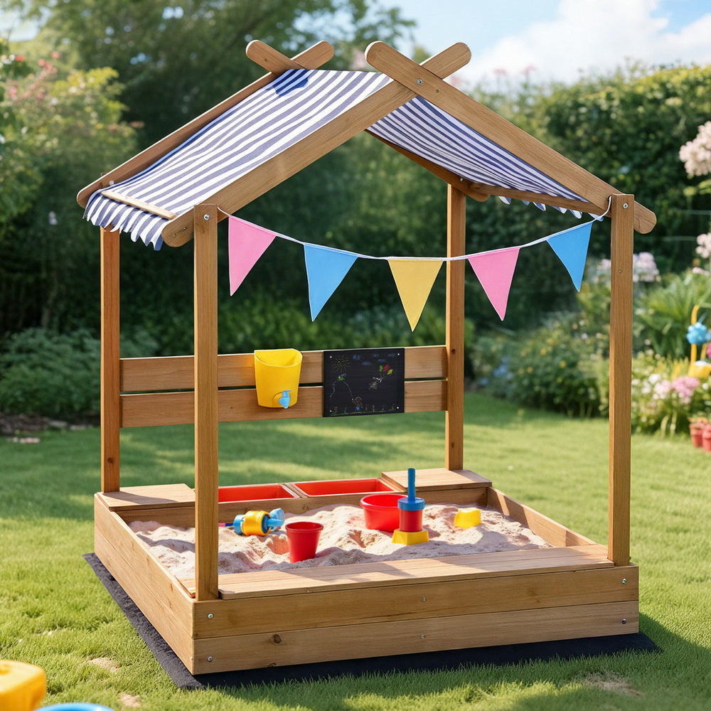 Keezi Kids Sandpit Wooden Sandbox with Canopy 146cm