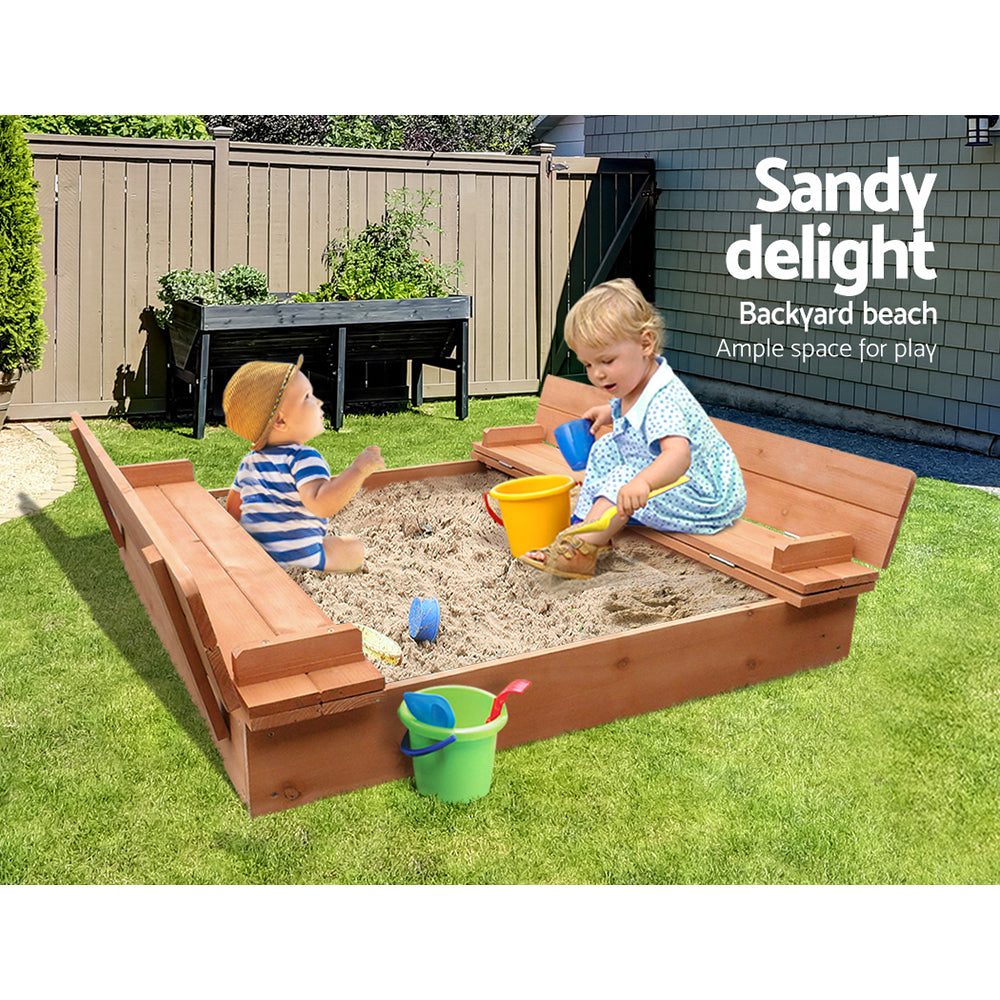Keezi Kids Sandpit Wooden Sandbox with Foldable Seat 90cm