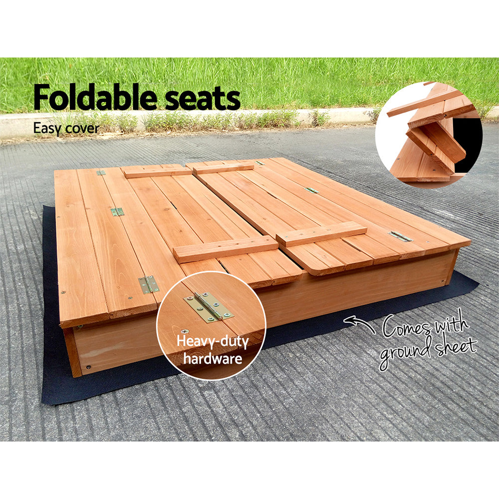 Keezi Kids Sandpit Wooden Sandbox with Foldable Seat 90cm