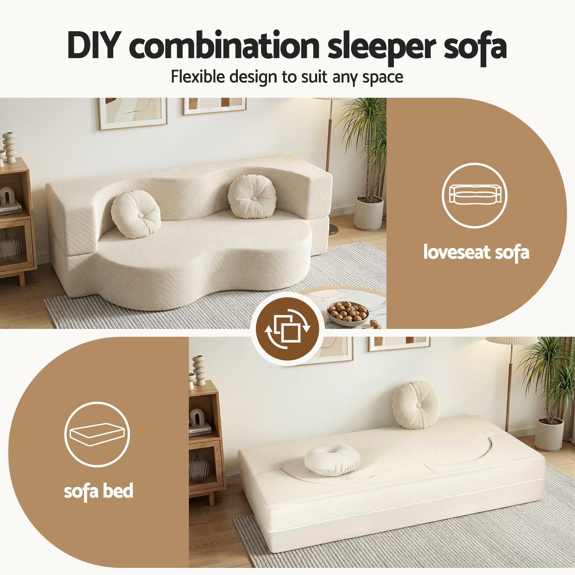 Artiss Folding Sofa Bed Floor Couch 2-in-1 Convertible - Beige