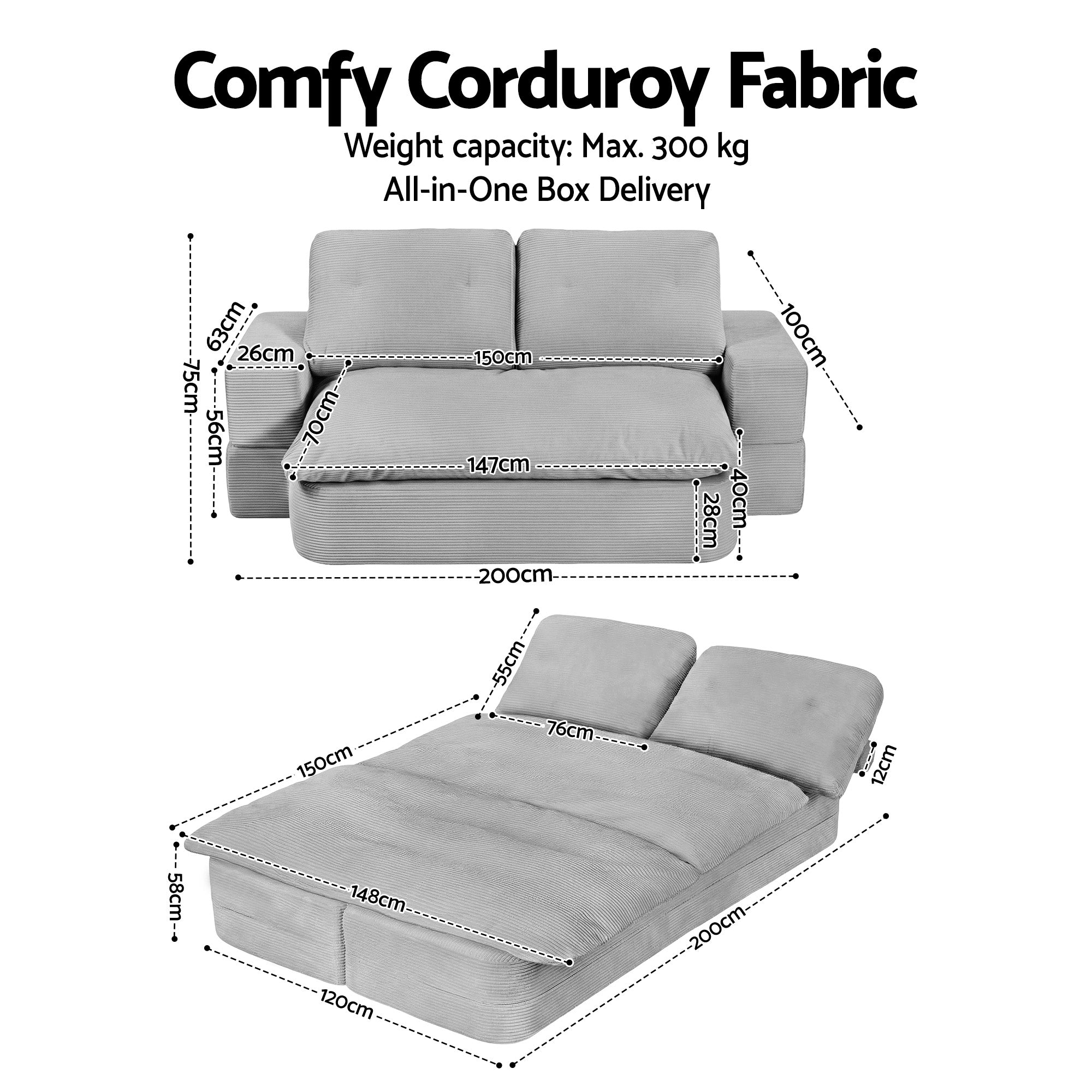 Artiss Convertible Folding Sofa Bed - Boneless Grey