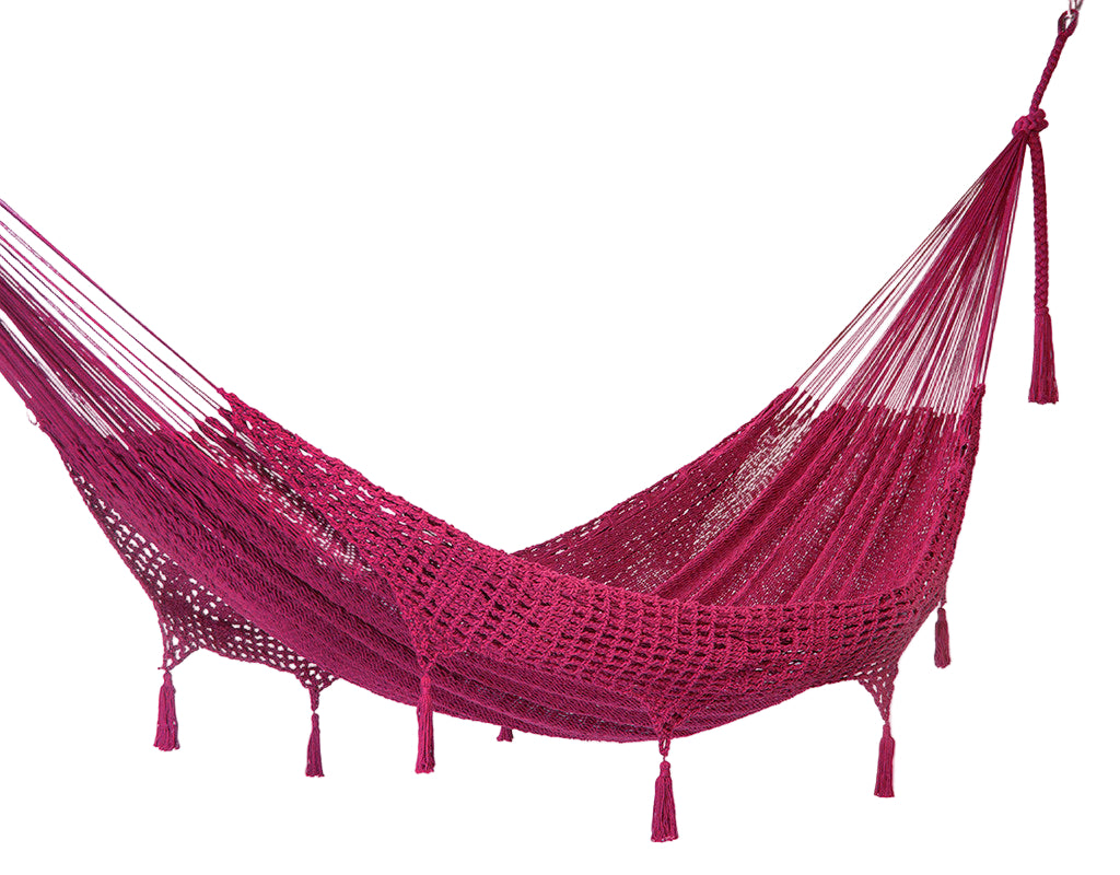 Outdoor undercover cotton Mayan Legacy hammock with hand crocheted tassels King Size Mexican Pink